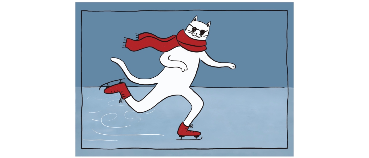 Comic mit drei Panels von Isabelle Jasten: Cool Cat, eine aufrecht gehende weiße Katze, läuft auf Schlittschuhen in das erste Bild. Sie trägt wie immer eine Sonnenbrille und diesmal einen roten Winterschal. Im Hintergrund befinden sich schwungvolle Spuren auf der Eisfläche von den Schlittschuhen. Im zweiten Panel bemerkt Cool Cat die Leser:innen und grinst. In Panel 3 wird auf den flatternden Schal von Cool Cat gezoomt. Darauf steht: Frohe Weihnachten und ein schwungvolles neues Jahr!